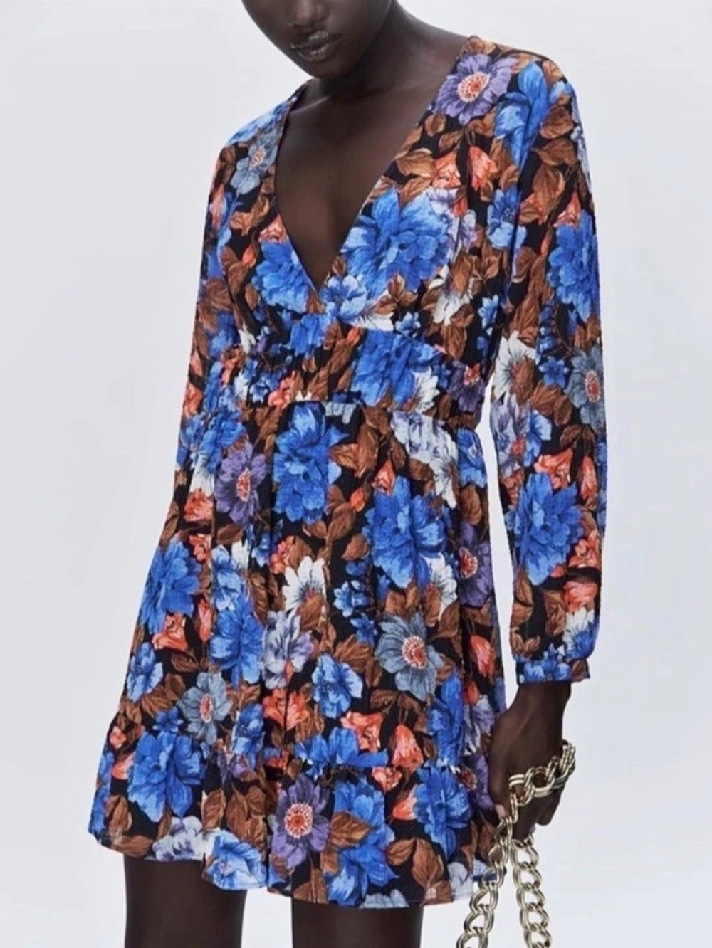 Zara Floral Long Sleeve Mini Dress in Blue & Black